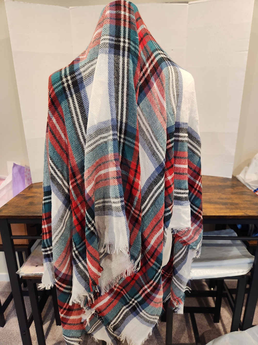 Plaid Fringe Scarf Red, Blue & White - Picture 2 of 4